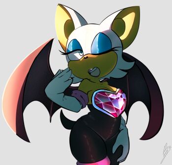 1girl animal_ears animal_nose bat_ears bat_girl bat_wings black_bodysuit blue_eyeshadow bodysuit breasts cleavage commentary cowboy_shot eyeshadow furry furry_female gloves green_eyes grey_background heart highres makeup one_eye_closed open_mouth rouge_the_bat simple_background smile solo sonic_(series) standing tail white_fur white_gloves wings wolfaroon