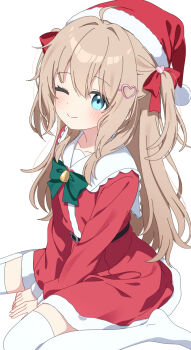 1girl ahoge bell belt black_belt blonde_hair blue_eyes blush bow bowtie christmas collarbone dress from_above fur-trimmed_dress fur-trimmed_headwear fur_trim green_bow green_bowtie hact0_synsh1a hair_between_eyes hair_ornament hair_ribbon hat heart heart_hair_ornament lace-trimmed_sailor_collar looking_at_viewer neuro-sama no_shoes one_eye_closed pom_pom_(clothes) red_dress red_hair red_ribbon ribbon sailor_collar santa_hat short_dress simple_background sitting smile solo split_mouth thighhighs two_side_up vedal_ai virtual_youtuber wariza white_background white_sailor_collar white_thighhighs zettai_ryouiki