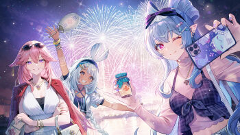 3girls ;) aerial_fireworks alternate_costume arm_up bag blue_hair bottle bracelet breasts cellphone closed_mouth commentary_request cropped_shirt crossed_arms eyewear_on_head fingernails fireworks genshin_impact grin handbag highres holding holding_bottle holding_phone jacket jewelry lapels large_breasts lino_chang long_hair long_sleeves medium_breasts mualani_(genshin_impact) multiple_girls nail_polish necktie night nihongami notched_lapels one_eye_closed outdoors outstretched_arm phone pink_hair pink_nails pointy_ears purple_nails red_eyes red_jacket ring shirt smile symbol-shaped_pupils tinted_eyewear very_long_hair white_bag white_hair white_shirt yae_miko yumemizuki_mizuki