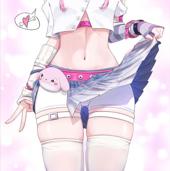 1girl adodol_(chasing_kaleidorider) asymmetrical_sleeves bare_shoulders belt bike_shorts charm_(object) chasing_kaleidorider clothes_lift commentary crop_top english_commentary gluteal_fold groin head_out_of_frame heart highres lifting_own_clothes lower_body midriff mismatched_sleeves navel off_shoulder pink_belt pleated_skirt shirt shorts signature skindentation skirt skirt_lift solo spoken_heart standing striped_sleeves thigh_strap thighhighs tsukigix v white_shirt white_shorts white_thighhighs wrist_belt