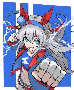 1girl absurdres animal_ears belt blue_eyes blue_hairband blue_jacket blue_sports_bra breasts clenched_hands commentary ear_covers ear_ornament electricity fingerless_gloves ghuler gloves grey_hair grin hair_between_eyes hairband headband highres horse_ears horse_girl jacket lightning_bolt_print lightning_bolt_symbol long_hair long_sleeves midriff multicolored_hairband navel open_mouth pants red_belt red_headband small_breasts smile sports_bra striped_clothes striped_hairband tamamo_cross_(fast_as_lightning)_(umamusume) tamamo_cross_(umamusume) teeth two-tone_hairband umamusume very_long_hair white_gloves white_pants