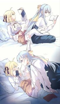 2girls ahoge anisphia_wynn_palettia between_legs black_ribbon blonde_hair blue_hair blue_skirt blush book commentary euphyllia_magenta green_eyes hair_ribbon highres holding holding_book jacket long_hair multiple_girls on_bed pillow pink_skirt purple_eyes qqwan120 reading ribbon shirt short_hair skirt tensei_oujo_to_tensai_reijou_no_mahou_kakumei thighhighs white_jacket white_shirt white_thighhighs yellow_ribbon yuri