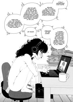 1boy 1girl bag barefoot blush book book_stack breast_press breasts briefcase business_suit chair clenched_hand clothed_male_nude_female coffee_mug commentary completely_nude computer convenient_censoring covering_breasts covering_privates cup embarrassed english_commentary english_text feet floor formal_clothes from_side frown full_body greyscale headphones highres indoors jitome knees_to_chest kusujinn laptop large_breasts long_hair looking_at_screen medium_hair monochrome motion_lines mug necktie nude office_chair original paid_reward_available public_indecency public_nudity school_bag sentenced_to_nudity short_hair sideboob simple_background sitting speech_bubble suit swivel_chair table trembling video_call white_background