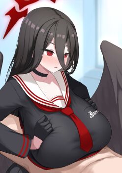 1boy 1girl alternate_costume black_gloves black_hair black_wings blue_archive blush breasts gloves halo hasumi_(blue_archive) highres huge_breasts long_hair mikasayaki neckerchief open_mouth paizuri paizuri_under_clothes red_eyes red_halo school_uniform serafuku wings