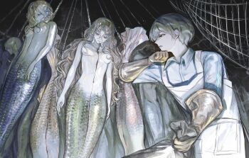 1boy 6+girls apron bag bisected black_hair blonde_hair blue_shirt breasts brown_hair camera_flash cleavage collared_shirt corpse death elbow_gloves from_below gloves hanging head_down highres holding holding_bag long_hair mei_mezu mermaid monster_girl multiple_girls muted_color net night nipples no_shirt noose original out_of_frame outdoors rope rubber_gloves shirt short_hair very_long_hair white_apron