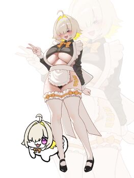 1girl ahoge apron black_shirt blonde_hair bow bowtie breasts clothing_cutout colored_inner_hair crop_top doro_(nikke) elegg_(nikke) goddess_of_victory:_nikke hair_intakes hair_over_one_eye highres huge_breasts medium_hair multicolored_hair musclexm orange_bow orange_bowtie pink_eyes shirt solo thighhighs underboob underboob_cutout v waist_apron white_apron white_thighhighs zoom_layer