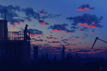 1girl absurdres bird city commentary_request highres huashijw long_skirt original scenery skirt solo sunset