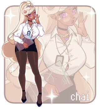 1girl black_choker blonde_hair blue_shoes breasts bursting_breasts chai_(maplekeurig) character_name choker clipboard closed_mouth dark-skinned_female dark_skin eyebrows_hidden_by_hair gluteal_fold high_heels holding holding_clipboard id_card jewelry lanyard large_breasts lipstick long_hair looking_at_viewer makeup maplekeurig multiple_views necklace office_lady original purple_eyes round_eyewear shirt shoes solo stiletto_heels very_long_hair white_shirt