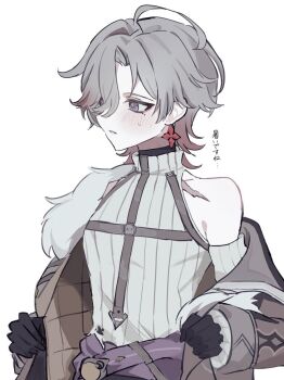 1boy ahoge bare_shoulders black_gloves blush coat coat_partially_removed commentary_request earrings eimin_t_t fur-trimmed_coat fur_trim genshin_impact gloves grey_hair hair_over_one_eye highres illuga_(genshin_impact) jewelry looking_to_the_side male_focus multicolored_hair red_hair scar scar_on_chest single_earring sleeveless sleeveless_turtleneck solo sweater turtleneck turtleneck_sweater two-tone_hair vision_(genshin_impact) white_background