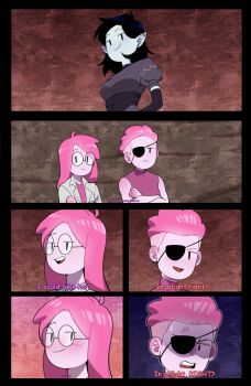 3girls absurdres adventure_time adventure_time:_fionna_and_cake black_hair bonnibel_bubblegum_(vampire_world) colored_skin dual_persona eyepatch for_the_better_right?_(meme) glasses grey_skin highres jealous marceline_abadeer meme multiple_girls omy-chan pink_hair pink_skin pointy_ears princess_bonnibel_bubblegum the_star_(adventure_time) vampire yuri