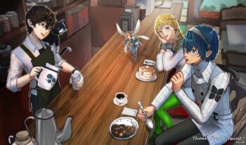 1other 2boys 2girls absurdres amamiya_ren apron blonde_hair blue_eyes blue_hair blush brown_eyes brown_hair cafe cat coffee commentary_request commission crossover cup curry curry_rice eupha_(metaphor:_refantazio) eva02asuka0608 fairy fairy_wings fingernails flying food gallica_(metaphor:_refantazio) heterochromia highres long_hair metaphor:_refantazio morgana_(persona_5) multiple_boys multiple_girls open_mouth pancake persona persona_5 pixiv_commission plate protagonist_(metaphor:_refantazio) purple_eyes rice short_hair sitting smile table teacup third_eye wings