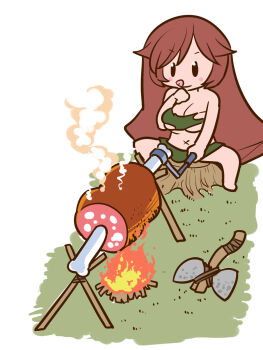 1girl :q alternate_breast_size_(larger) alternate_costume boned_meat breasts brown_hair campfire cavewoman chibi chibi_only cleavage closed_mouth commentary_request fire food full_body highres itini-sanshi large_breasts long_hair meat navel on_tree_stump rotisserie rozen_maiden smile solo stone_axe suiseiseki tongue tongue_out