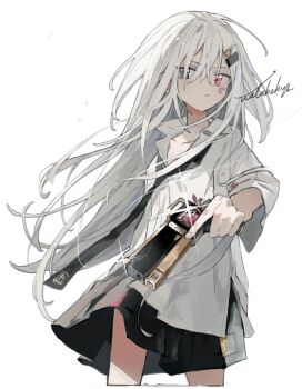 1girl black_necktie black_skirt choppy_bangs closed_mouth collared_shirt commentary_request cropped_legs floating_hair grey_eyes grey_hair gun hair_between_eyes hair_ornament handgun heterochromia highres holding holding_gun holding_weapon long_bangs long_hair long_sleeves loose_necktie miniskirt necktie original pink_eyes serious shirt signature simple_background skirt solo standing watakokyu weapon white_background white_shirt