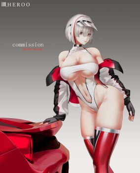 1girl absurdres arm_support artist_name bare_shoulders baseball_cap black_choker black_gloves boots breasts car choker cleavage closed_mouth clothes_pull commentary english_commentary english_text feet_out_of_frame fingerless_gloves gloves grey_background grey_hair hat highres jacket jacket_pull large_breasts leotard light_smile long_sleeves looking_at_viewer louu_heroo medium_hair motor_vehicle multicolored_hair multicolored_jacket navel open_clothes open_jacket original race_queen race_vehicle red_boots red_eyes simple_background solo standing streaked_hair thigh_boots thighs white_leotard