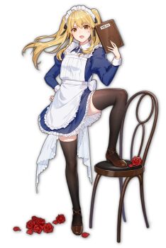 1girl anger_vein apron black_ribbon blonde_hair brown_footwear chair flower game_cg hair_between_eyes hand_on_own_hip highres holding holding_menu kakegurui leg_up legs long_hair long_sleeves looking_at_viewer mahjong_soul maid maid_apron maid_cafe maid_headdress menu official_art open_mouth petals red_flower red_rose ribbon rose saotome_mary simple_background teeth thighhighs thighs third-party_source transparent_background twintails upper_teeth_only wrist_cuffs yellow_eyes yostar zettai_ryouiki