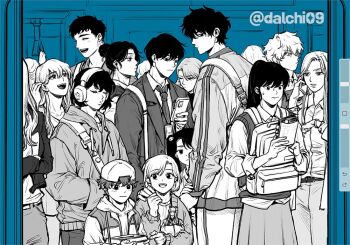 5boys 6+girls backpack backwards_hat bag box character_request check_character closed_eyes coat collared_shirt commentary dalchi09 english_commentary everyone feet_out_of_frame grin hair_bun han_sooyoung hand_on_another's_shoulder hands_in_pockets hat headphones height_difference holding holding_box holding_phone hood hood_down hoodie jacket jung_heewon kim_dokja kim_namwoon lee_jihye lee_sookyung looking_at_phone mini_person minigirl multiple_boys multiple_girls necktie nervous_sweating omniscient_reader's_viewpoint out_of_frame partially_colored phone ponytail shirt short_hair shoulder_bag skirt smile striped_clothes striped_jacket sweat talking_on_phone unfinished uriel_(omniscient_reader's_viewpoint) white_shirt yoo_joonghyuk yoo_mia yoo_sangah