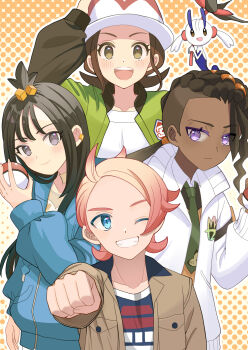 2boys 2girls ahoge arm_up black_hair blonde_hair blue_eyes blue_hoodie blush brown_hair brown_jacket clenched_hand closed_mouth collared_shirt commentary_request dark-skinned_male dark_skin earclip floette floette_(eternal) gen_6_pokemon green_jacket green_necktie grey_eyes grin harmony_(pokemon) hat highres holding holding_poke_ball hood hoodie jacket lida_(pokemon) long_hair multiple_boys multiple_girls naveen_(pokemon) necktie nintendo one_eye_closed orange_vest outstretched_arm pechi_(peeechika) poke_ball poke_ball_(basic) pokemon pokemon_legends:_z-a print_shirt shirt smile teeth topknot urbain_(pokemon) vest white_hat white_jacket white_shirt