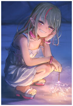 1girl bangle bare_shoulders bracelet collar collarbone commentary dress fireworks flat_chest full_body grey_hair hair_down highres holding holding_fireworks holding_sparkler jewelry long_hair looking_at_viewer makaino_ririmu makaino_ririmu_(3rd_costume) multicolored_hair night nijisanji outdoors pink_collar pink_hair platform_clogs platform_sandals pointy_ears red_eyes sabamen sandals senkou_hanabi smile solo sparkler squatting strap_slip streaked_hair symbol-only_commentary teeth two-tone_hair virtual_youtuber white_dress