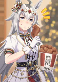 Rule 34 | 1girl, ahoge, animal ears, blue eyes, blush, bow, breasts, center frills, chicken (food), chicken leg, commentary, ear bow, english commentary, food, food on face, fried chicken, frills, gloves, glutton, gold ship (umamusume), grey hair, grey tail, hair ornament, highres, holding, holding food, horse ears, horse girl, horse tail, jacket, kfc, long hair, looking at viewer, multicolored bow, multicolored ribbon, norizou, official alternate costume, oguri cap (miraculous white star) (umamusume), oguri cap (umamusume), parted lips, ribbon, shirt, short sleeves, skirt, solo, tail, umamusume, white gloves, white jacket, white shirt, white skirt