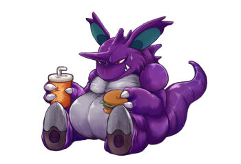 bad_id bad_pixiv_id burger cup drinking_straw fangs food gen_1_pokemon horns monster nidoking nintendo no_humans nura_(oaaaaaa) pokemon pokemon_(creature) red_eyes simple_background sitting solo sweatdrop white_background