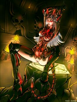 1girl absurdres android argent_energy arms_up bottomless breasts completely_nude cyberdemon cybernetic cyberpunk cyborg dancing dark day_of_wrath_(infinitypilot) demon demon_girl demon_horns demon_tail doom_(series) doom_eternal dungeon dystopia evil_eyes exhibitionism eyeliner eyeshadow factory fantasy glowing glowing_eyes glowing_horns hell high_heels highres holding holding_pole horns idol industrial legs_apart long_hair looking_at_viewer makeup mechabare mechanical_arms mechanical_legs midriff nipples no_bra no_panties no_pants no_shirt nude occult open_mouth original pedestal pentagram platform pole presenting presenting_breasts presenting_pussy public_indecency public_nudity pussy red_eyeliner red_eyes red_eyeshadow robot robot_girl science_fiction see-through_body see-through_clothes sinister skeleton skull solo spread_legs stage stage_lights stripper stripper_pole tail technology tick_acsm topless_female translucent transparent uncensored white_hair zeta_(day_of_wrath)