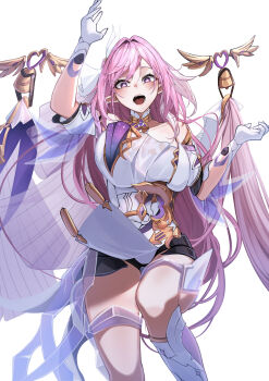 1girl absurdres alternate_breast_size_(larger) arm_up black_shorts breasts commentary_request diamond-shaped_pupils diamond_(shape) elysia_(herrscher_of_human:_ego)_(honkai_impact) elysia_(honkai_impact) feet_out_of_frame floating_drapes gloves hair_intakes hair_ornament hand_up highres honkai_(series) honkai_impact_3rd huge_breasts kamishiro_noa leotard long_hair looking_at_viewer open_mouth pink_hair pointy_ears purple_eyes short_shorts shorts simple_background solo symbol-shaped_pupils thighs very_long_hair white_background white_gloves white_leotard