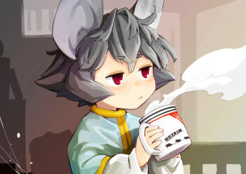 Rule 34 | 1girl, animal ears, averting eyes, blue capelet, capelet, closed mouth, cup, daitai konna kanji, drink, female focus, fingernails, from side, grey hair, holding, holding cup, indoors, jitome, long sleeves, looking away, mouse ears, mug, nazrin, pout, red eyes, shirt, short hair, sleeve cuffs, solo, steam, thick eyebrows, touhou, upper body, v-shaped eyebrows, white shirt