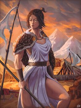 1girl absurdres bangle bracelet brown_eyes brown_hair capelet commentary english_commentary feet_out_of_frame flag floating_hair fur_capelet highres holding holding_polearm holding_weapon jewelry knee_up l3xarts_17 loincloth looking_to_the_side mountainous_horizon orphne outdoors pelvic_curtain polearm ponytail robe serious shadow_slave solo spear weapon white_robe wind wind_lift