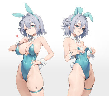 1girl alternate_breast_size_(smaller) animal_ears azur_lane bare_shoulders blue_eyes blush breasts commentary_request covered_navel cowboy_shot detached_collar fake_animal_ears finger_to_mouth grey_hair hair_bun hand_on_own_hip heart highleg highleg_leotard highres index_finger_raised jade_(azur_lane) large_breasts leotard looking_at_viewer mole mole_under_eye multiple_views shushing simple_background small_breasts smile standing strapless strapless_leotard thigh_strap thighs white_background wrist_cuffs zzzearly