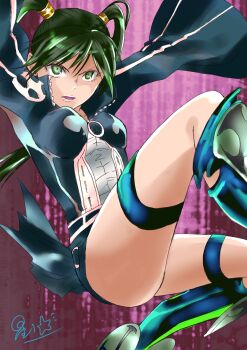 1girl armored_boots belt black_boots black_jacket black_order_uniform black_shorts black_skirt boots breasts collared_jacket cross d.gray-man earrings facing_to_the_side floating floating_clothes floating_hair floating_sleeves front_zipper frown gradient_background green_eyes green_hair hair_between_eyes hair_ornament hairclip highres jacket jewelry legs lenalee_lee lips long_hair long_sleeves looking_to_the_side medium_breasts miniskirt outstretched_arms parted_bangs parted_lips pikarin purple_background shorts sidelocks signature skirt solo striped_clothes striped_jacket stud_earrings thigh_strap thighs twintails vertical-striped_clothes vertical-striped_jacket zipper