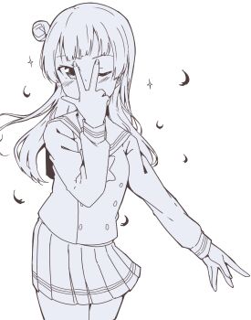 1girl bow bowtie buttons chuunibyou commentary_request cowboy_shot double-breasted falling_feathers feathers greyscale hair_bun hand_over_face highres jojo_pose jojo_reference liz_(piyoko_piyop) long_hair long_sleeves love_live! love_live!_sunshine!! miniskirt monochrome one_eye_closed pleated_skirt sailor_collar school_uniform serafuku simple_background single_side_bun skirt solo tsushima_yoshiko uranohoshi_school_uniform w white_background winter_uniform