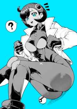 1girl ? absurdres blue_background bodysuit breasts coat commentary_request emma_(pokemon) greyscale_with_colored_background highres looking_at_viewer medium_breasts monochrome nintendo open_clothes open_coat open_mouth poke_ball poke_ball_(basic) pokemon short_hair solo spoken_question_mark yotsumi_shiro