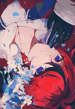 2boys aotsuki_eito black_gloves black_streaks blue_eyes blue_jacket chinese_commentary commentary flower gloves heshandexiaorong highres hood hoodie jacket jacket_over_hoodie looking_at_viewer male_focus multicolored_hair multiple_boys open_clothes open_jacket out_of_frame reaching reaching_towards_another red_hair ringed_eyes short_hair solo_focus streaked_hair sumino_takumi the_hundred_line_-last_defense_academy- upside-down white_hoodie