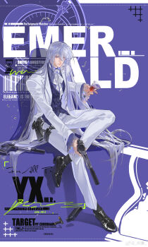 Rule 34 | 1boy, absurdres, alcohol, alternate costume, analog clock, barcode, black shoes, black socks, border, brooch, buttoned cuffs, buttons, cael anselm, center frills, character name, chinese commentary, clock, closed mouth, commentary request, cup, dress pants, dress shoes, drinking glass, english text, figure four sitting, formal clothes, frilled sleeves, frills, full body, gun, hair between eyes, handgun, highres, holding, holding cup, holding gun, holding weapon, holster, hourglass, invisible chair, jacket, jewelry, lapels, letterboxed, lips, long hair, long hair between eyes, long sleeves, looking at viewer, lovebrush chronicles, male focus, neck ribbon, notched lapels, open clothes, open jacket, outside border, oxfords, pants, platinalsh, purple background, purple eyes, purple shirt, purple vest, red wine, ribbon, shadow, shell casing, shirt, shoes, simple background, sitting, smile, socks, solo, suit, suit jacket, suppressor, thigh strap, trigger discipline, very long hair, vest, watermark, weapon, weibo watermark, white border, white hair, white jacket, white pants, white ribbon, white suit, wine, wine glass, wingtip collar