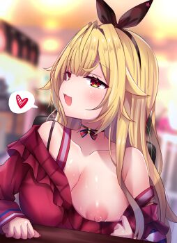 1girl black_hairband black_ribbon blonde_hair breasts choker collarbone female_focus flashing hairband heart highres hoshikawa_sara hoshikawa_sara_(2nd_costume) large_breasts long_hair long_sleeves nijisanji nipple_slip nipples one_breast_out open_mouth oppai_challenge presenting_breasts red_eyes ribbon ribbon_choker shiki_(catbox230123) solo spoken_heart sweat upper_body virtual_youtuber