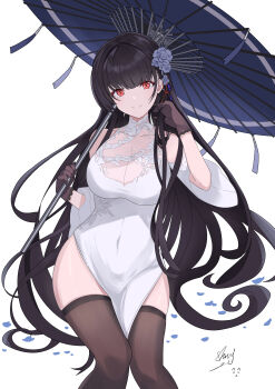 1girl absurdres azur_lane black_hair blue_flower blue_umbrella breasts brown_gloves china_dress chinese_clothes chinese_commentary cleavage commentary_request dress feet_out_of_frame floral_print floral_print_dress flower gloves hair_flower hair_ornament hand_in_own_hair highres large_breasts long_hair long_sleeves looking_at_viewer official_alternate_costume oil-paper_umbrella pelvic_curtain print_dress red_eyes see-through_cleavage see-through_clothes signature simple_background sitting smile solo umbrella very_long_hair white_background white_dress xiao_shang_geigei yat_sen_(azur_lane) yat_sen_(retrofit)_(azur_lane)