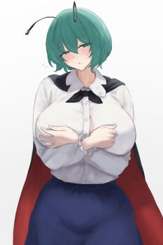 1girl :/ absurdres alternate_breast_size_(larger) antennae black_cloak blush breasts cloak commentary covering_breasts covering_privates crossed_arms dated_commentary flying_sweatdrops frilled_sleeves frills green_eyes green_hair hair_between_eyes highres huge_breasts long_sleeves looking_at_viewer moriforest1040 shirt shirt_tucked_in short_hair simple_background solo touhou two-sided_cloak two-sided_fabric white_background white_shirt wriggle_nightbug