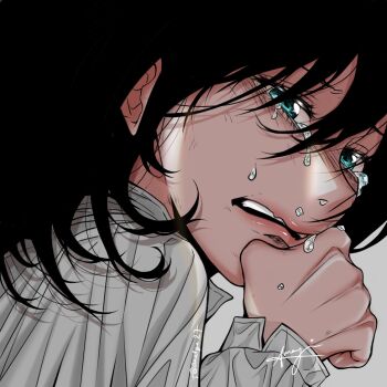 1girl artist_name black_hair blue_eyes crying crying_with_eyes_open dated hand_up highres koffeeartist long_hair long_sleeves looking_at_viewer open_mouth original simple_background solo tears