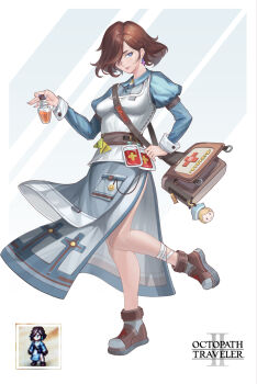1girl ankle_boots bag bag_charm bandaged_ankle blood blood_bag blue_background blue_dress blue_eyes blue_nails boots breasts brown_bag brown_boots brown_hair character_charm charm_(object) collared_dress commentary_request copyright_name dress earrings full_body hair_over_one_eye highres holding_potion jewelry juliet_sleeves long_sleeves looking_at_viewer medium_breasts nail_polish nurse octopath_traveler octopath_traveler_ii one_eye_covered parted_lips photo_inset pink_lips pocket potion ptdoge puffy_sleeves short_hair shoulder_bag solo throne_anguis two-tone_background vest white_background white_vest