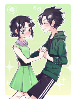 Rule 34 | 1boy, 1girl, aged up, black hair, black shirt, black shorts, blush, butch (ppg), buttercup (ppg), closed eyes, commentary, couple, deviantart sample, dress, facing another, flustered, from side, green background, green dress, green eyes, green hoodie, grin, hand on another's waist, heart, highres, holding hands, hood, hoodie, image sample, looking at viewer, mochika2, parted bangs, powerpuff girls, shirt, shorts, smile, spiked hair, star (symbol), striped clothes, striped dress, striped hoodie