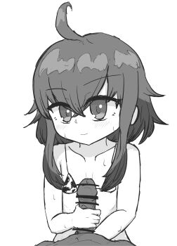 2boys absurdres animal_print bikini blush censored cow_print cow_print_bikini crossdressing crossdressing_(mtf) greyscale grimms_notes hahn_(grimms_notes) handjob highres male_focus medium_hair mizura05 monochrome multiple_boys penis print_bikini simple_background smile solo_focus source_request sweat swimsuit trap upper_body white_background