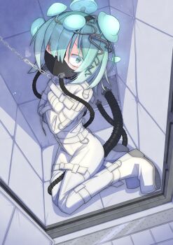 1girl aqua_eyes aqua_hair arms_across_body arms_under_breasts bodysuit bound bound_arms bound_legs breasts breathing_tube chain chain_leash character_request copyright_request gagged hair_over_one_eye highres in_cell leash looking_at_viewer mask menou_74 mushroom_on_head oxygen_mask padded_walls prison_cell respirator short_hair small_breasts straitjacket tearing_up tied_up_(nonsexual) variant_set white_bodysuit wide-eyed