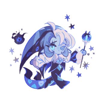 1boy ahoge androgynous aqua_eyes black_bodysuit blue_hair blue_skin bodysuit bright_pupils brooch chibi chibi_only closed_mouth colored_eyelashes colored_skin commentary cookie_run cookie_run:_kingdom extra_eyes fewer_digits frilled_sleeves frills full_body heterochromia holding holding_staff humanization jewelry long_hair long_sleeves looking_at_viewer male_focus mismatched_pupils multicolored_hair neck_ruff pointy_ears puffy_long_sleeves puffy_sleeves reed shadow_milk_cookie shirt simple_background slit_pupils smile solo staff star_(symbol) star_symbol_background symbol-only_commentary two-tone_hair very_long_hair walking white_eyelashes white_hair white_pupils white_shirt