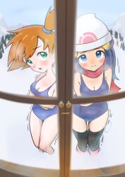 2girls absurdres beanie black_thighhighs blue_eyes blue_hair blue_one-piece_swimsuit blush boots breasts breath cleavage closed_mouth cold crossed_arms dawn_(pokemon) day eyelashes green_eyes hair_ornament hairclip hat highres long_hair looking_at_viewer medium_breasts microsd_(pibo) misty_(pokemon) multiple_girls nintendo one-piece_swimsuit open_mouth open_window orange_hair outdoors poke_ball_print pokemon pokemon_dppt pokemon_frlg red_scarf scarf school_swimsuit short_hair side_ponytail snow standing swimsuit thighhighs trembling window