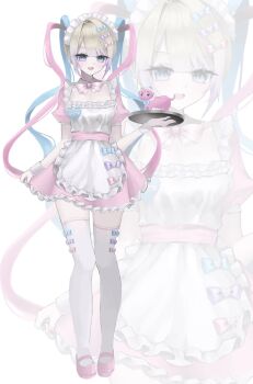 1girl :d apron blonde_hair blue_eyes blue_hair blunt_bangs bow bowtie chouzetsusaikawa_tenshi-chan colored_tips dress full_body hair_bow highres himexuime holding holding_plate looking_at_viewer maid maid_apron maid_headdress multicolored_hair multiple_hair_bows needy_girl_overdose open_mouth pien_cat_(needy_girl_overdose) pigeon-toed pink_dress pink_hair plate quad_tails sandals sidelocks smile thighhighs tray white_thighhighs wrist_cuffs zettai_ryouiki zoom_layer