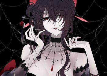1girl black_hair blue_archive breasts choker goth_fashion grey_kimono hair_ornament hair_stick halo highres japanese_clothes kimono kokuriko_(blue_archive) long_hair long_sleeves nail_polish pasta_bar415 red_eyes red_halo smile spider_web_pattern