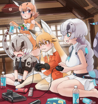 4girls animal_ears animal_hood bag_of_chips barefoot belly black_gloves blonde_hair blue_eyes blue_hair blush boa_constrictor_(kemono_friends) bottle bow bowtie braid brown_eyes brown_hair caracal_(kemono_friends) closed_mouth collared_shirt controller cropped_shirt day extra_ears ezo_red_fox_(kemono_friends) fangs food food_in_mouth from_side fur-trimmed_sleeves fur_trim game_console game_controller gloves grey_hair hair_between_eyes highres holding holding_bottle holding_controller holding_game_controller hood hood_down hooded_vest hoodie indoors jacket kemono_friends kemono_friends_3 long_hair long_tail looking_at_another medium_hair midriff miniskirt mouth_hold multicolored_hair multiple_girls navel necktie open_clothes open_mouth open_vest orange_eyes orange_hair orange_jacket pantyhose parted_lips playing_games pocky pocky_in_mouth scarf sega_mega_drive sega_mega_drive_controller shirt short_sleeves sidelocks single_braid sitting skin_fangs skirt slit_pupils snake_hood snake_tail standing stomach tail titanoboa_(kemono_friends) toriny two-tone_hair utility_vest v-shaped_eyebrows very_long_hair vest white_shirt wing_collar