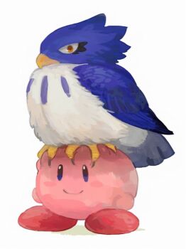 animal animal_on_head bird bird_on_head blue_bird commentary_request coo_(kirby) creature full_body kirby kirby_(series) nagabe nintendo no_humans on_head simple_background white_background