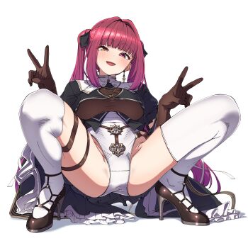 1girl absurdres ass black_ribbon blush breasts brown_gloves brown_shoes double_v gloves hair_ribbon heterochromia highres hololive houshou_marine leotard long_hair looking_at_viewer open_mouth red_eyes ribbon shinomu_(cinomoon) shoes solo squatting thigh_strap thighhighs thighs twintails v virtual_youtuber white_leotard white_thighhighs yellow_eyes