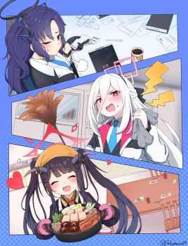 3girls :d ^_^ absurdres black_bow black_gloves black_hair black_hairband black_halo blue_archive blue_border blue_eyes blue_necktie blunt_bangs blush border bow bright_pupils closed_eyes closed_mouth coffee coffee_mug collared_shirt commentary_request cooking_pot cup demon_girl demon_horns double-parted_bangs facing_viewer fang food frown fuuka_(blue_archive) gloves hair_between_eyes hair_bow hair_intakes hair_ornament hairband half_updo halo happy headscarf heart highres holding holding_cooking_pot holding_receipt horns indoors jacket kei_(blue_archive) kei_(new_body)_(blue_archive) long_hair long_hair_between_eyes looking_at_viewer mechanical_halo mittens mug multiple_girls necktie one_eye_closed open_clothes open_jacket open_mouth orange_headscarf outside_border pink_mittens puff_of_air purple_hair receipt rectangular_halo red_eyes ringed_eyes school_uniform shirt sidelocks sitting smile sweatdrop terumasa_(amanoy) triangle_hair_ornament twintails twitter_username two_side_up upper_body v-shaped_eyebrows very_long_hair white_hair white_jacket white_pupils white_shirt yuuka_(blue_archive)